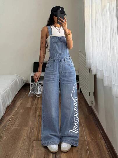 StreetHx Women's Letter Print Denim Overalls