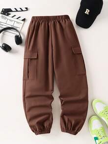 SHEIN Little Byeori 兒童青少年男孩大口袋3D寬鬆長褲，適合通勤、上學、日常休閒、度假、旅行、運動，春、夏、秋、冬四季皆宜 - 棕色 - 查看 2