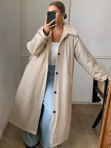 DAZY Women's Fashion Single-Breasted Long Sleeve Pocket Padded Coat Minimalist - Light Grey - View 10