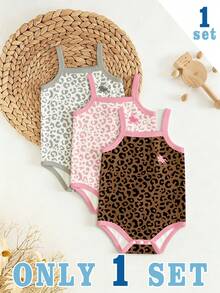1 Pc Random Newborn Baby Retro Leopard Print And Polo Knight Logo Print Suspender Bodysuits - Multicolor - View 2