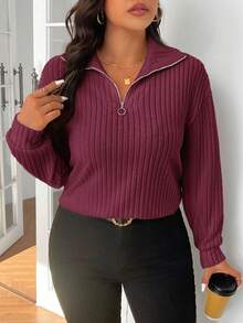 SHEIN Frenchy Kaos Kasual Kerah Resleting Warna Aprikot Lembut Ukuran Besar, Pakaian Musim Gugur untuk Wanita - Burgundy - View 3