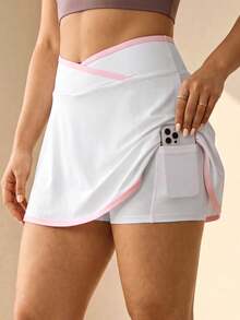 SHEIN Rhythm Era Rok celana olahraga pas badan, kasual, serbaguna, model pinggang silang, warna kontras, dan berdesain pas badan. - MultiWarna - View 1