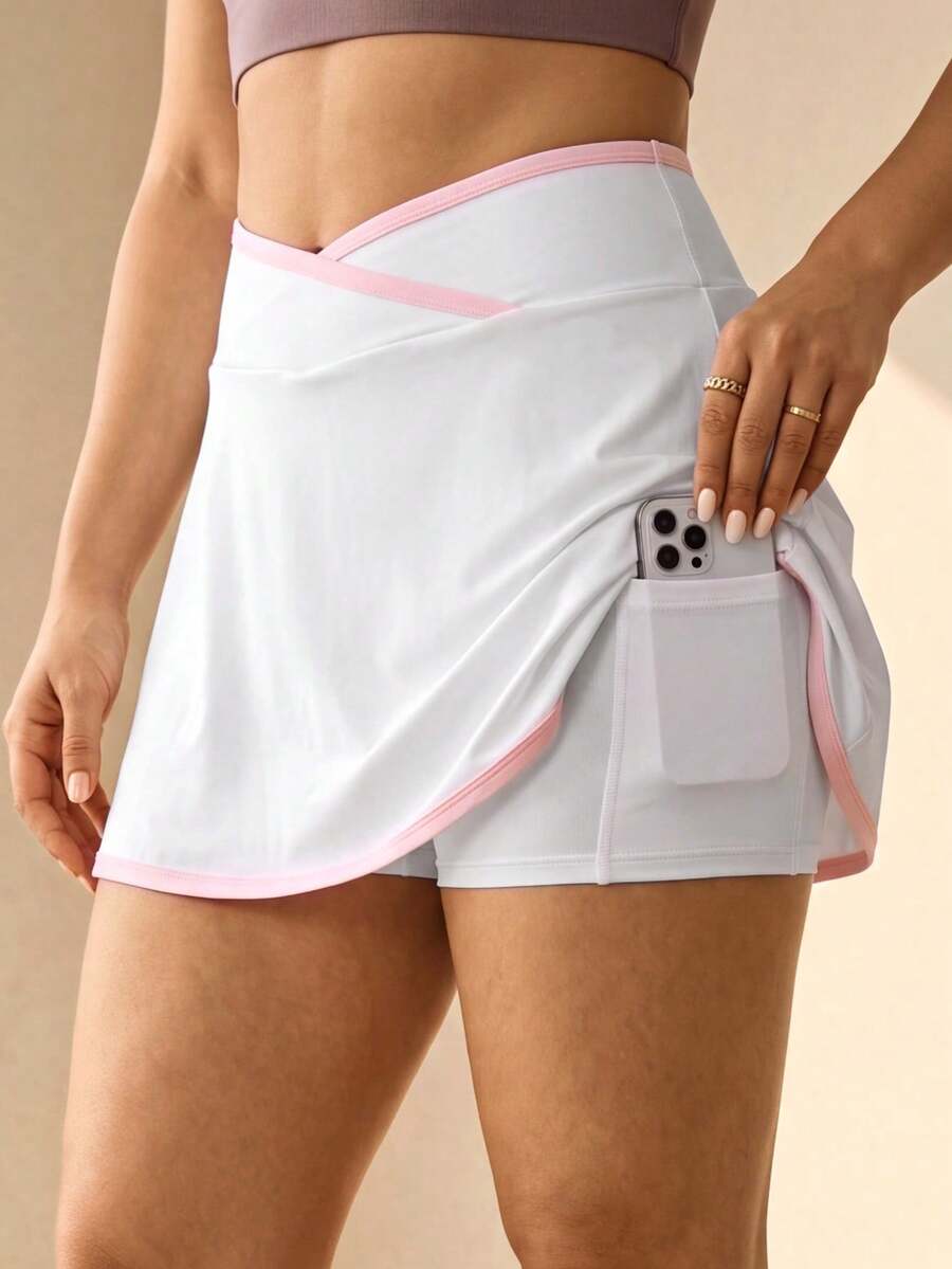 SHEIN Rhythm Era Rok celana olahraga pas badan, kasual, serbaguna, model pinggang silang, warna kontras, dan berdesain pas badan. - MultiWarna - View 1