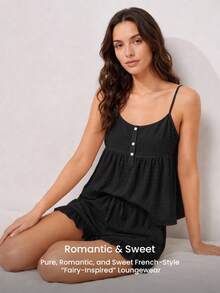 LUVLETTE Summer Sweet Women's Black Elegant Airy Two-Piece Set - Double-Layered Ruffles & Button Front Breezy Refined Home Wear - Black - View 7