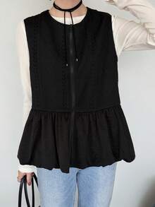 FRIFUL Women's Early Autumn New Korean Style Zipper Layered Vest With Patchwork Pleated Ruffle Hem Regular Jacket - Black - View 4