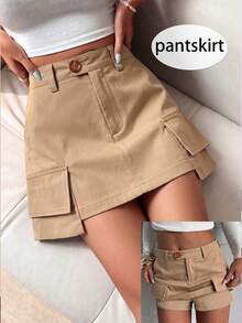 SHEIN PariChic Women's Spring/Summer New Khaki Real Pocket Skort Shorts, Fitted Waist, Bodycon, Commuter Elegant Sexy Hot Girl Casual Daily Wear, College Style Design, Solid Color Mini Skirt Skort - Khaki - View 1