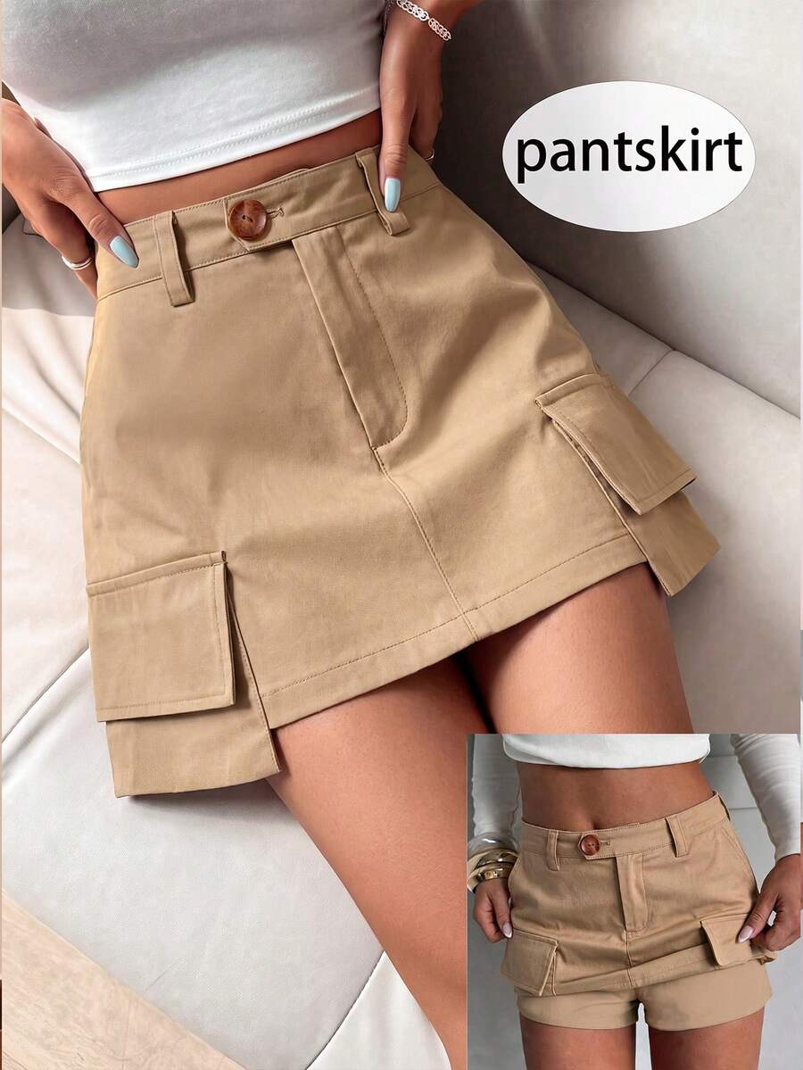 SHEIN PariChic Women's Spring/Summer New Khaki Real Pocket Skort Shorts, Fitted Waist, Bodycon, Commuter Elegant Sexy Hot Girl Casual Daily Wear, College Style Design, Solid Color Mini Skirt Skort - Khaki - View 1