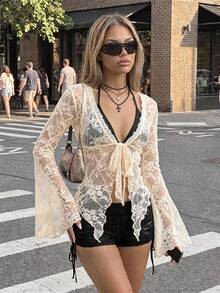 SHEIN ICON Y2k 女款西部乡村音乐会波西米亚嬉皮哥特风透明酒红色性感蕾丝扭纹前长袖开衫 - 杏色 - 查看 3