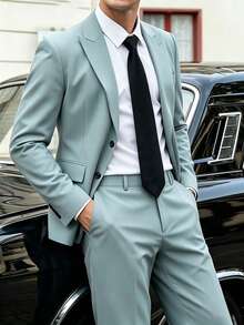 Manfinity Mode Men's Old Money A Teal-Green, Loose-Fitting Casual Suit Set; The Wide-Leg Trousers Feature A Pressed-Pleat Design That Enhances The Relaxed Silhouette - Mint Green - View 6