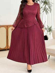 Modelyn Elegant Solid Color Lace Patchwork Round Neck Long Sleeve Cinched Waist Pleated Hem Regular Fit Plus Size Dress For Spring And Autumn - Burgundy - View 5