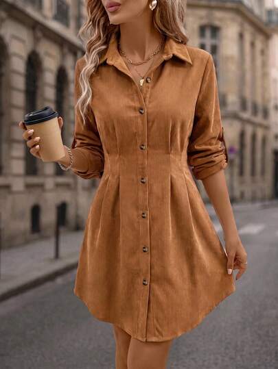 Editum Women's Solid Color Rolled Sleeve Single-Breasted Casual Shirt Dress