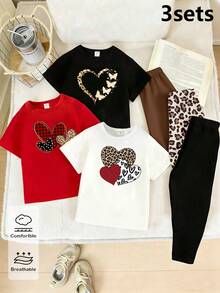 SHEIN Elladie kids 6件組春夏女童休閒時尚創意個性清新可愛格紋豹紋愛心蝴蝶圖案印花短袖T恤與內搭褲套裝，休閒度假風基本款，舒適日常穿著，適合春夏秋季女孩氛圍穿搭套裝 - 彩色 - 查看 3