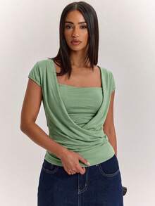 SHEIN BAE Sage Green Short-Sleeved T-Shirt With A Slouch Collar, Sexy Elegant Hot Girl, Comfortable And Casual, Brunch Summer - Mint Green - View 1