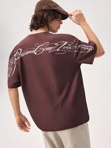 Vaulklash Men's Casual Letter Print Loose Cropped T-Shirt, Summer - Burgundy - View 7