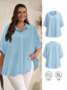 Miaspire Plus Size Summer Casual Solid Color Batwing Sleeve Shirt Fall - Baby Blue - View 6