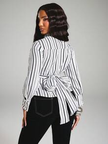 NYA SZN Top Long Sleeve Blouse Button Up Collared Stripe Pattern Sexy Everyday Going Out Special Occasion Elegant Holiday Festival Church Work Fall Winter - White - View 2
