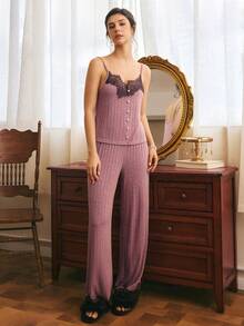 Côtesoire Women's French Minimalist Elegant Contrast Color Lace Patchwork Knit Comfortable Fabric Camisole Long Pants Robe Pajama Set 3pcs - Dusty Pink - View 3