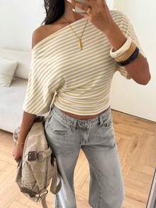 Aloruh Asymmetrical Shoulder Loose Top With Ruched Waist, Simple Basic T-Shirt - Light Yellow - View 6