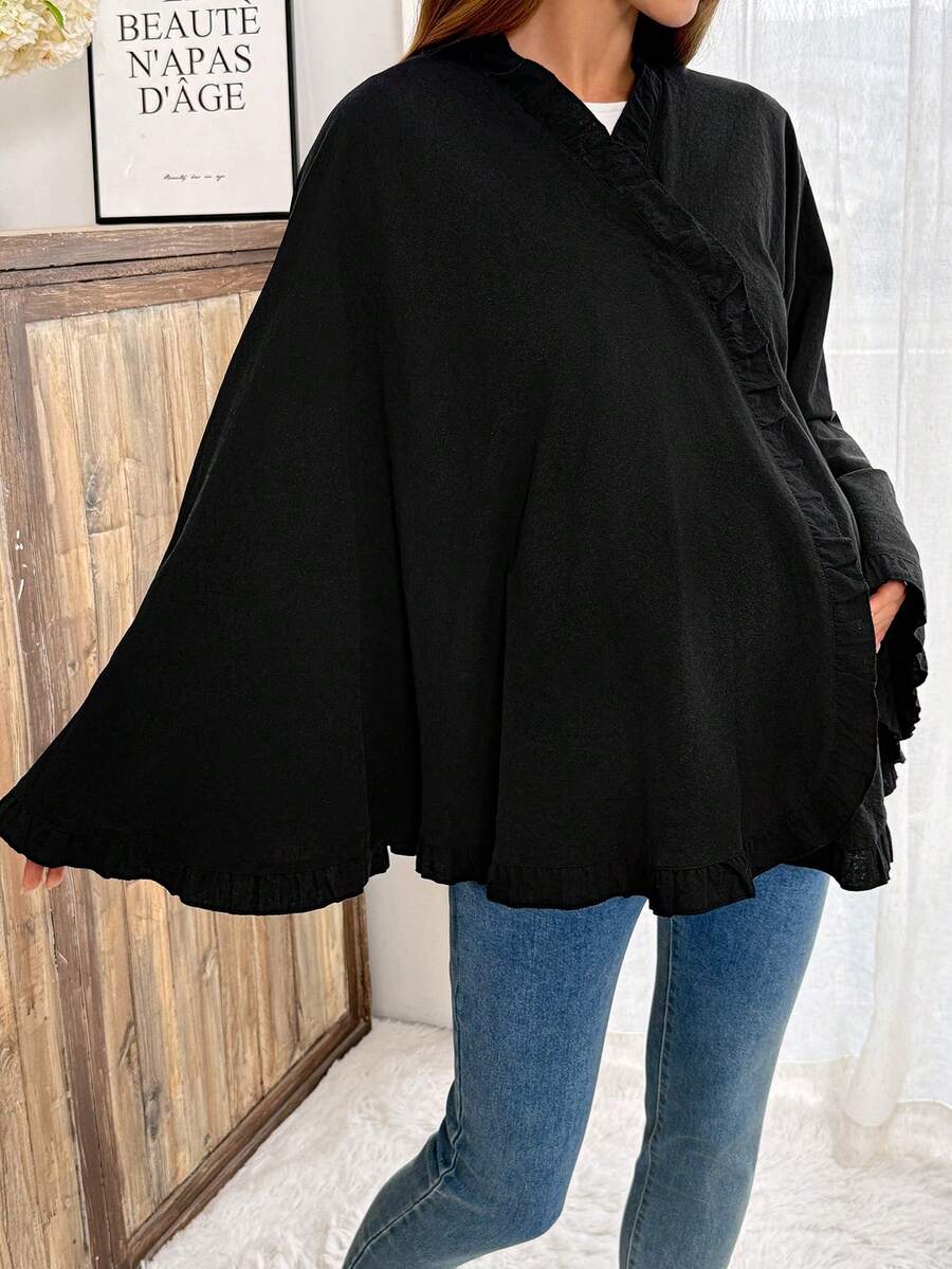 Slowluna Maternity Autumn Casual Solid Color Cape Nursing Jacket - Black - View 1