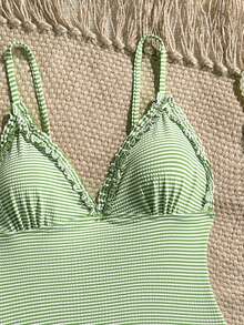 Swim Mod Nuevo Traje de baño de una pieza con volantes y tirantes a rayas azul y blanco para mujer, verano - Verde - Ver 4