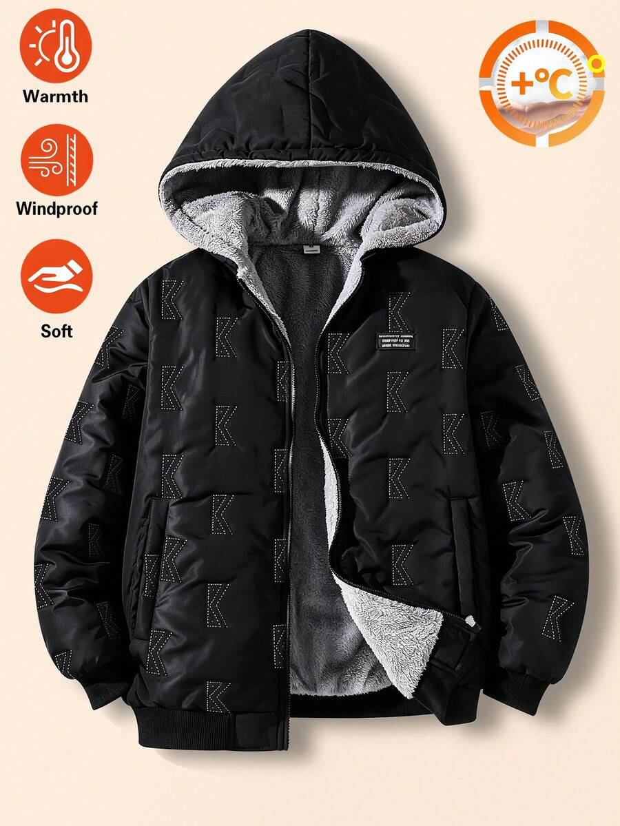Teenager Boys Fleece Hooded Thickened Padded Zip-Up Padded Coat, Fashionable Minimalist Style For Daily, Outdoor And Commute Wear