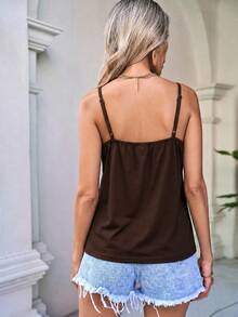 SHEIN LUNE Pure Cotton Lace Patchwork Black Cami Tank Top - Brown - View 5