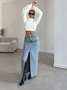 SHEIN تنورة جينز طويلة بقصة عادية وخصر عالي وأزرار وفتحة أمامية، أسلوب كاجوال، غسيل أزرق فاتح، مقاس صغير - أزرق فاتح - مشاهدة 6
