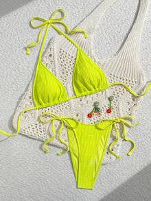 Vaytide New Spring/Summer Textured Fabric Glow-In-The-Dark Neon Yellow Side Tie High Cut Swimwear, Triangle Top Bikini Two Pieces Set For Beach Vacation - Yellow - View 5