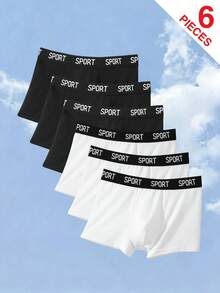 SHEIN 6件組兒童青少年男孩運動休閒字母圖案彈性親膚四角內褲，白色、灰色、黑色 - 彩色 - 查看 1