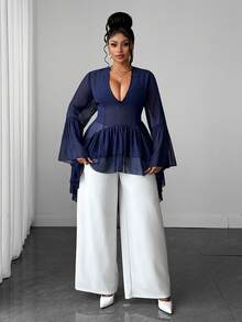 Maweii Plus Size Women's Solid Color Pleated Casual Versatile Daily Wear Shirt Fall - Navy Blue - View 4