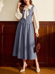 Vintamour Vintage Classic Elegant Preppy Women's 2 In 1 Set, Autumn/Winter, Flutter Collar, 2 In 1, Long Sleeve, Coffee Brown - Dusty Blue - View 5