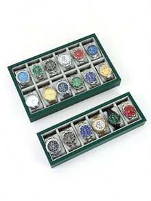 6/12/24/30 Slot Pu Leather Watch Box, Grey/Green Color Large Capacity Watch Display Storage Case - Grey - View 7