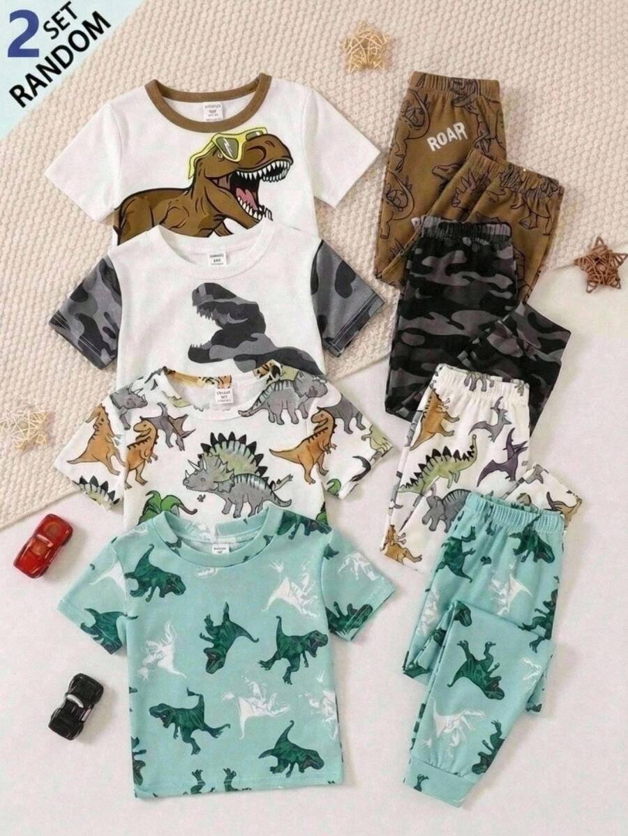 SHEIN Young Boy Casual Minimalist Slim Fit Comfortable Crew Neck Short Sleeve Long Pants Loungewear Suitable For Spring And Summer, Classic Cute Cartoon Dinosaur Print - Multicolor - View 1