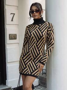 SHEIN Cottnline 幾何圖案高領落肩袖毛衣洋裝 - 彩色 - 查看 4