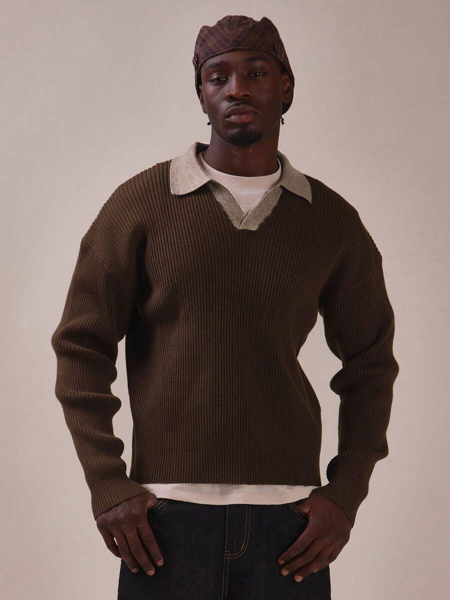Musero Sweater Rajut Rib Lengan Panjang dengan Kerah Kontras dan Potongan Longgar, Model Bahu Jatuh, Cocok untuk Musim Semi dan Musim Panas - Coklat - View 1