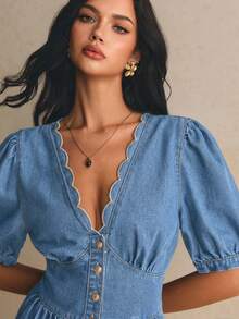 Poéselle 女款V領百褶休閒日常夏季牛仔洋裝，適合女性教師穿搭 - 淺色水洗藍 - 查看 5