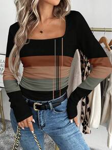 Comfylo Casual Minimalist Striped Colorblock Pattern Print Plus Size Square Neck Long Sleeve T-Shirt, Black Top Fall - Multicolor - View 6