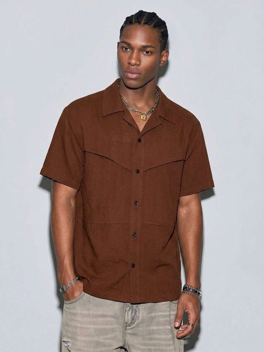 Modcrash Retro Elegant Cuban Collar Short Men's Shirt, Summer New Design Niche Turndown Collar Short Sleeve Top - Coffee Brown - View 1