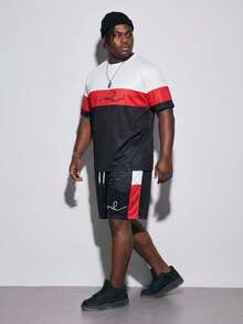 Modcrash Mens Letter Color Block Sports Set, Round Neck Knit T Shirt And Drawstring Shorts With Pockets, Regular Fit Plus Size - Red - View 3