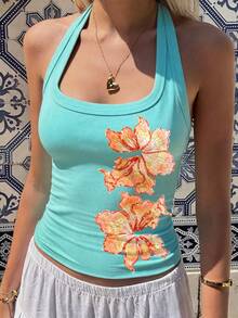 DrmWander Women's Sexy Street Style Fitted Floral Print Halter Neck Tank Top - Blue - View 4
