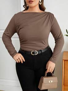 SHEIN Privé Plus Size Women Solid Color Ruched Fitted Versatile Casual T-Shirt - Khaki - View 5