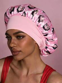 Betty Boop x SHEIN Upgraded Version Of Double-Layer Fabric, Hair Care Cap, Wide-Brimmed Elastic Satin Sleep Cap, Soft And Comfortable, Suitable For Daily Home Sleep Wear - Pink - View 6