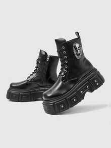 Sugerpunk Women Heeled Sandals Platform Punk Boots Skull Rivet Chain Dark Pu Platform Locomotive Booties Fall Shoes - Black - View 5