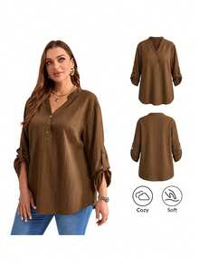 EMERY ROSE Plus Size Solid Color Notched Neck Roll Up Sleeve Casual Blouse ,,Spring/Summer/Vacation Blusinhas Femininas Elegante Fall - Coffee Brown - View 1