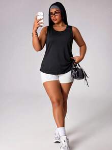 SHEIN Unity Plus Size Sports Tank Top Fitted Multi-Strap Hollow Back T-Shirt - Black - View 7