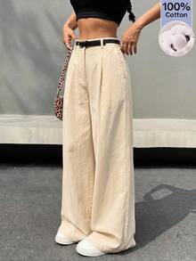 SHEIN EZwear 女款純色百褶休閒百搭寬腿褲，適合日常穿著 - 卡其色 - 查看 7