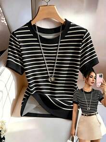 SHEIN Franclia 女款黑白條紋夏季圓領休閒法式套裝 T-shirt 短袖上衣，適合商務、早午餐與日常穿著，春季新品 - 黑色 - 查看 1