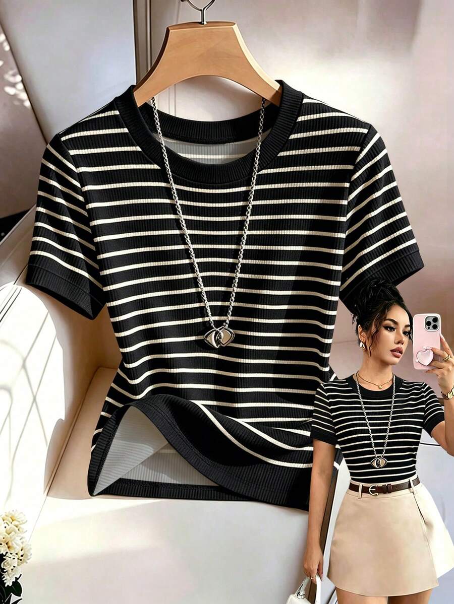 SHEIN Franclia 女款黑白條紋夏季圓領休閒法式套裝 T-shirt 短袖上衣,適合商務、早午餐與日常穿著,春季新品 - 黑色 - 查看 1