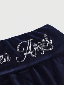 ROMWE Grunge Punk Setelan Wanita 2 Potong: Sweatshirt Berkerudung Pas Badan Bermotif Rhinestone Beludru Gaya Y2K Millennium Hot Girl, Celana Flare Pinggang Rendah - Navy Blue - View 3