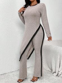 SHEIN Frenchy Plus Size Asymmetrical Hem Elegant Knitted 2 Pieces Set For Ladies Fall - Multicolor - View 6